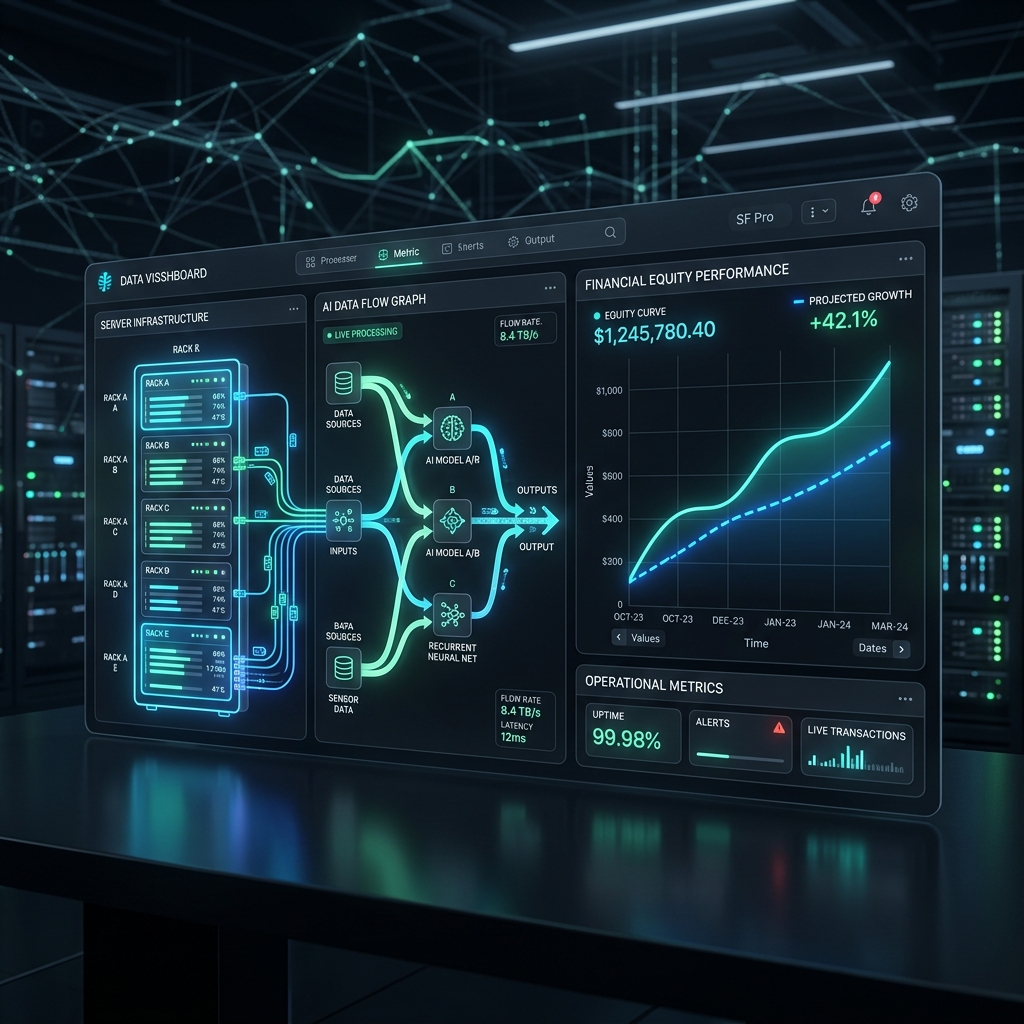 Data visualization showing high-performance computing clusters and financial performance metrics for tech infrastructure stocks.