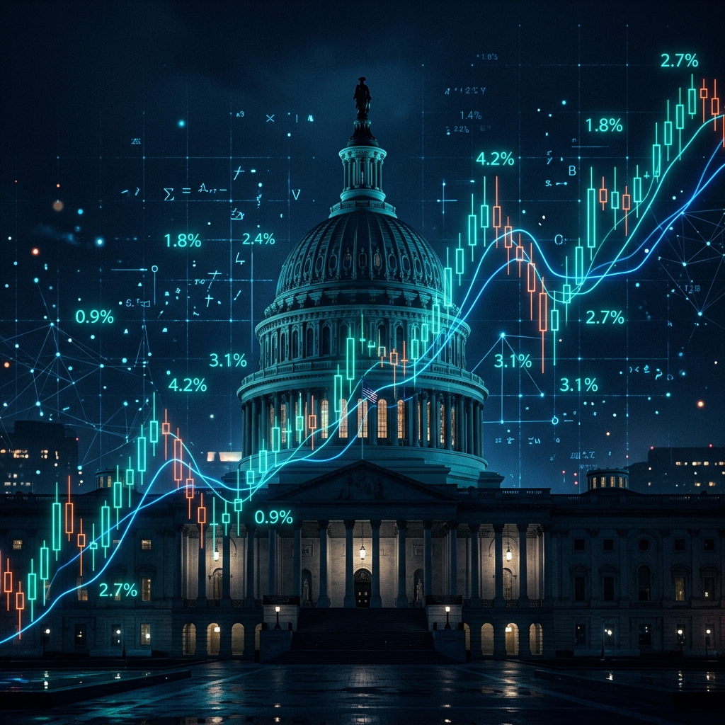 Financial data visualization showing the U.S. Capitol overlaid with stock market charts and dividend data, representing the intersection of politics and markets.