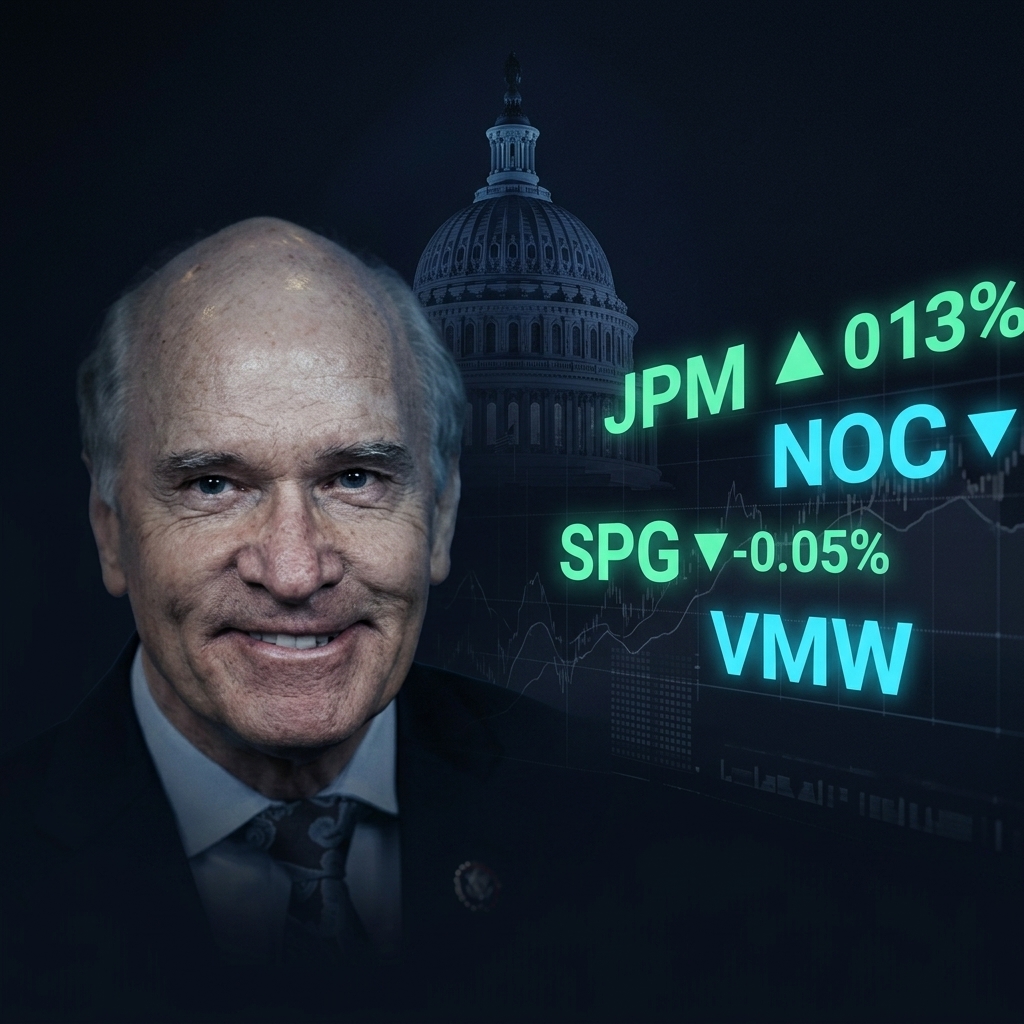 Rep. William R. Keating portrait alongside stock ticker symbols JPM, NOC, SPG, and VMW with Capitol building silhouette.