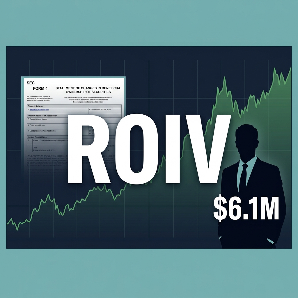 Abstract financial data visualization showing SEC filing documents and biotech data streams against a dark gradient background.