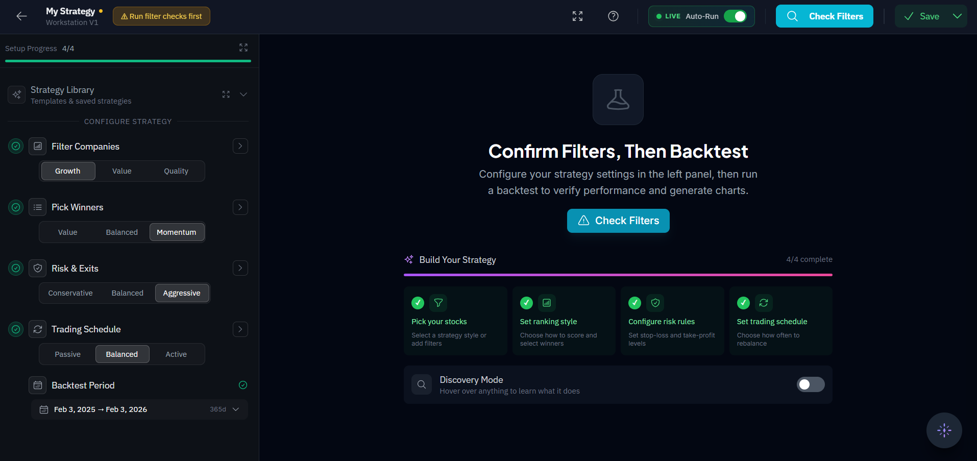 Stax Labs stock screening workflow showing company filters and validation before a backtest.