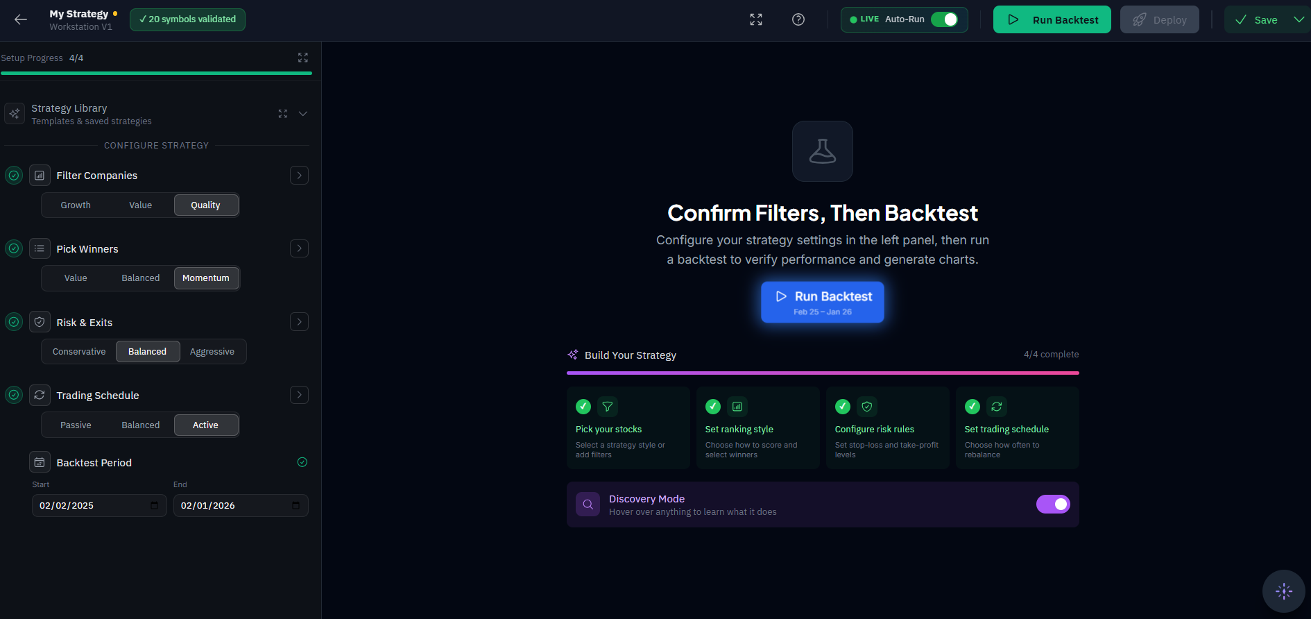 Stax Labs strategy builder showing filters, ranking style, risk rules, and a backtest action.